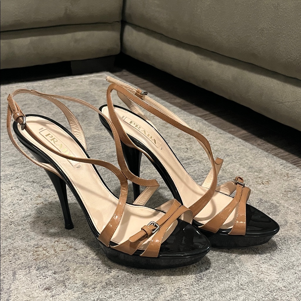 Prada Tan And Black Strappy Heels